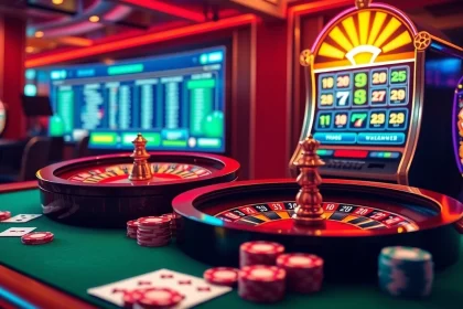 Engaging casino scene highlighting the online gambling experience at 733bet with cards, chips, and a roulette wheel.