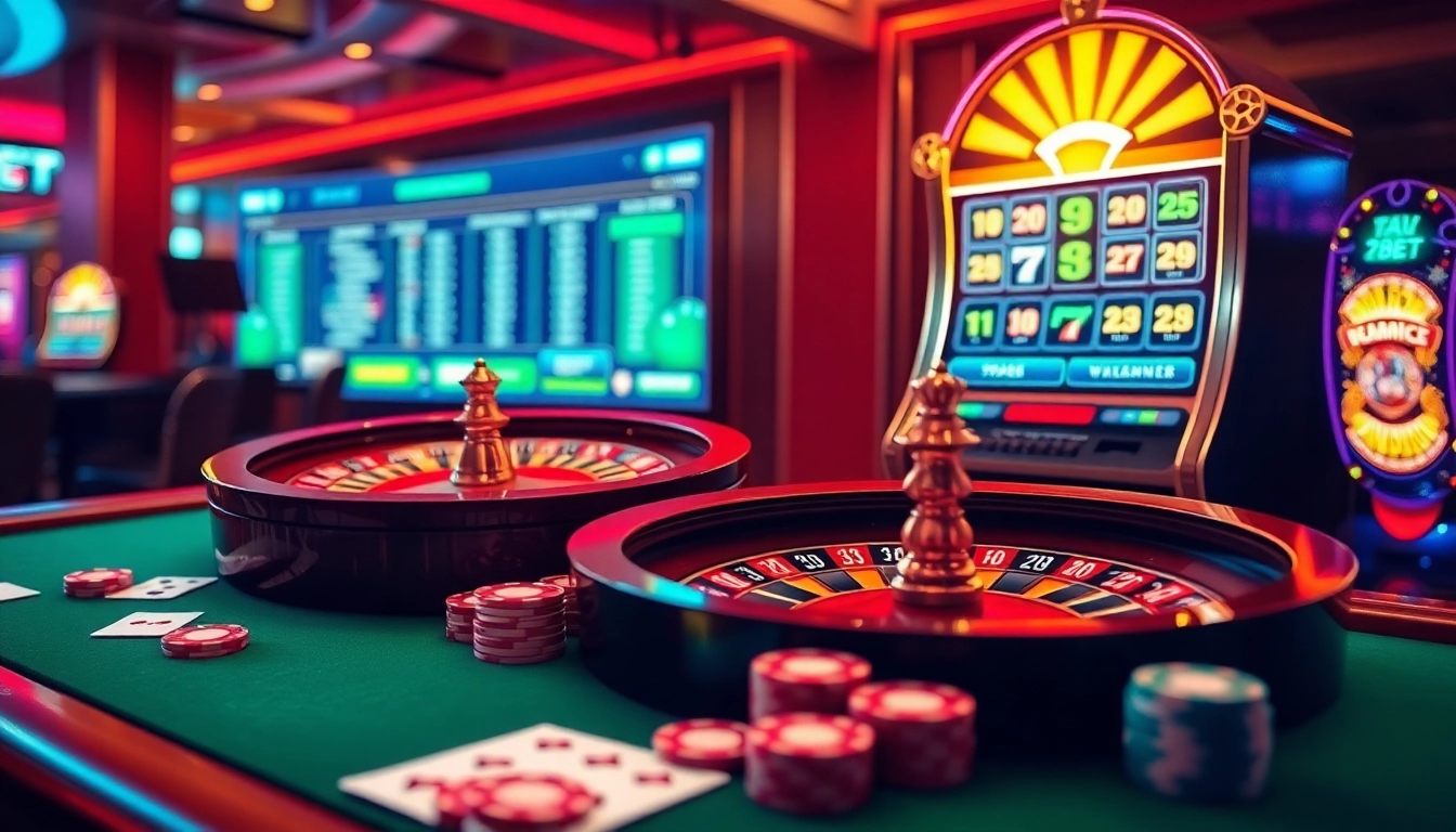 Engaging casino scene highlighting the online gambling experience at 733bet with cards, chips, and a roulette wheel.