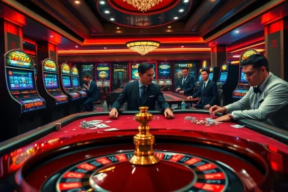 Experience the thrill of high-stakes poker at 777g with vibrant slot machines, roulette wheels, and professional players.