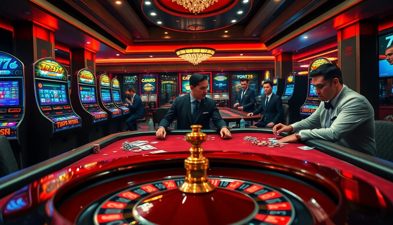 Experience the thrill of high-stakes poker at 777g with vibrant slot machines, roulette wheels, and professional players.