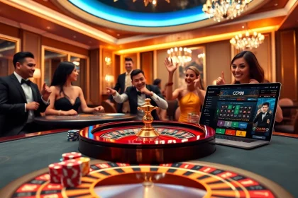CPC188 gamers celebrating big wins at a luxurious casino table with vibrant chips and roulette.