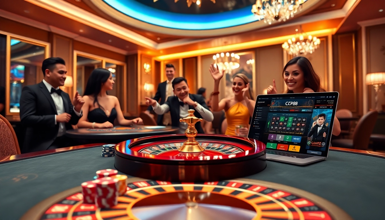 CPC188 gamers celebrating big wins at a luxurious casino table with vibrant chips and roulette.