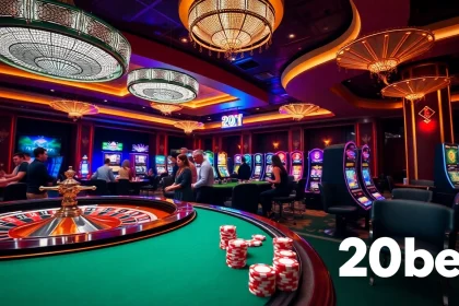 Exciting gambling scene at a 20bet casino, featuring roulette and poker action.