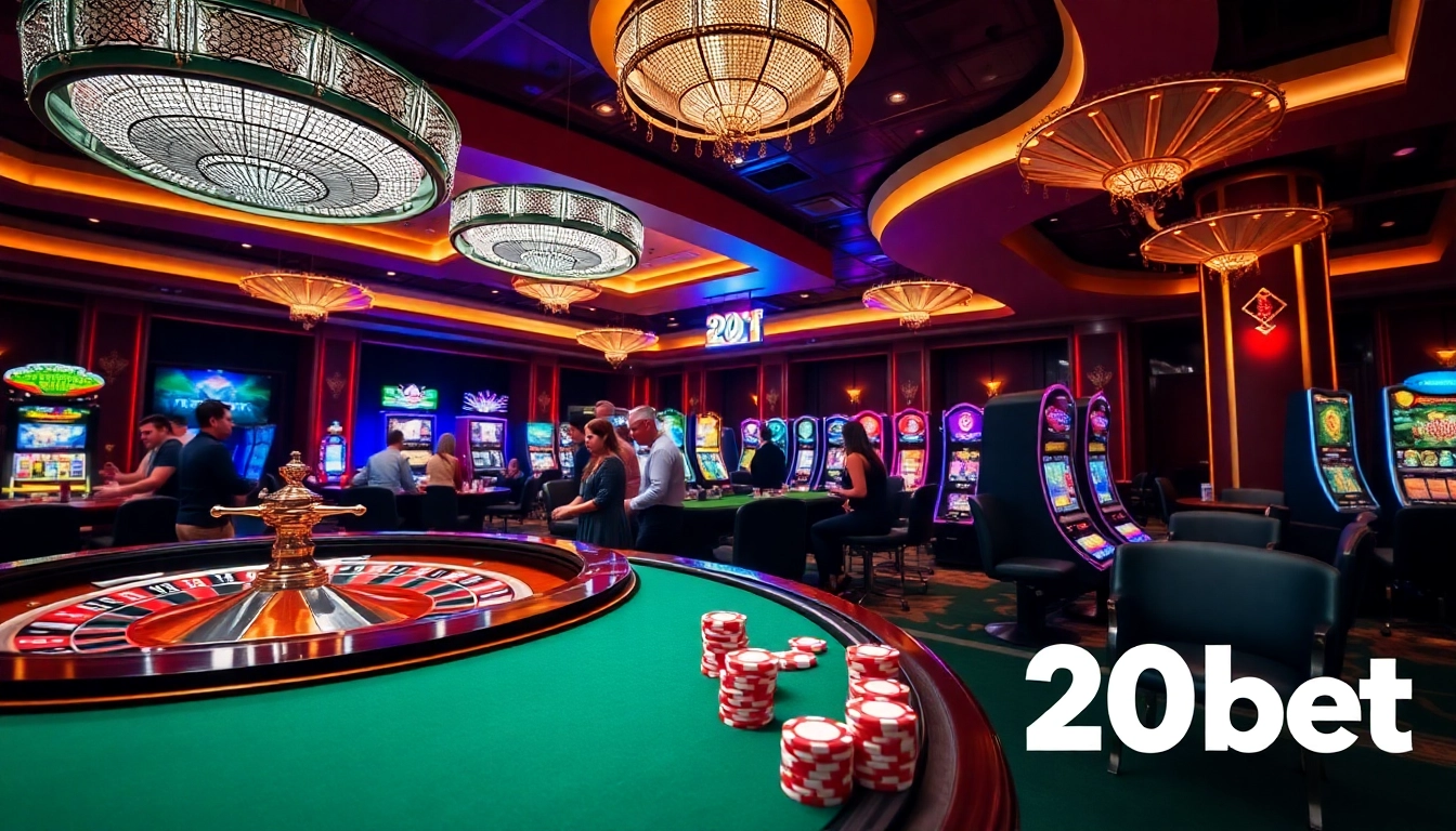 Exciting gambling scene at a 20bet casino, featuring roulette and poker action.