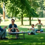 Illustration d'un style de vie actif avec des amis partageant des moments joyeux dans un parc.