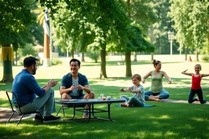 Illustration d'un style de vie actif avec des amis partageant des moments joyeux dans un parc.