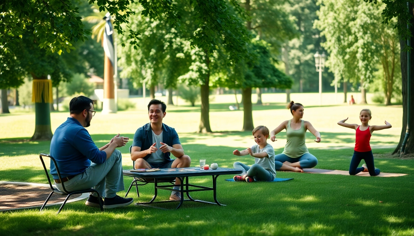 Illustration d'un style de vie actif avec des amis partageant des moments joyeux dans un parc.
