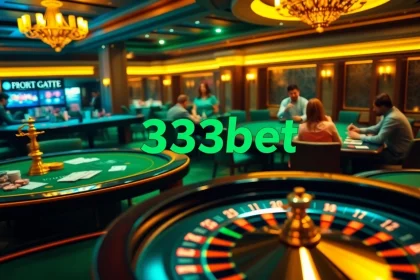 Experience the excitement of 333bet with players at vibrant casino tables and a lively roulette wheel.