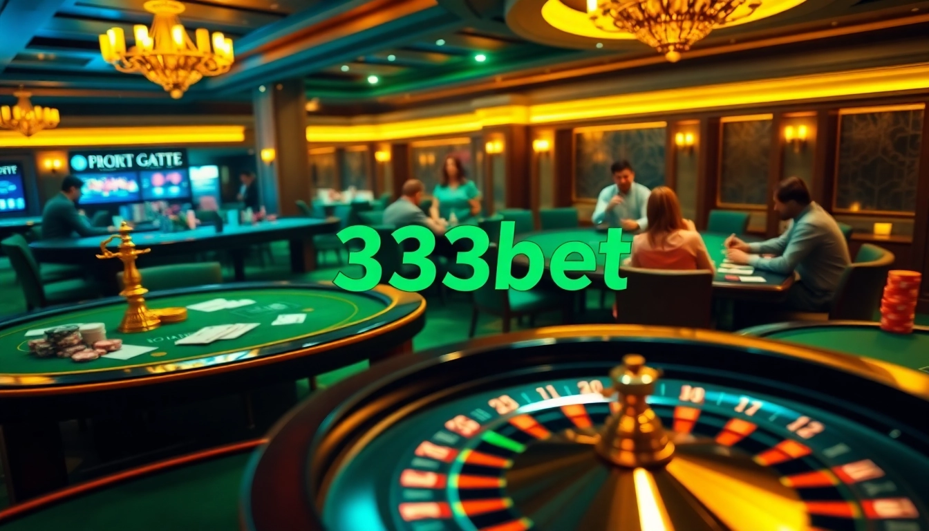 Experience the excitement of 333bet with players at vibrant casino tables and a lively roulette wheel.