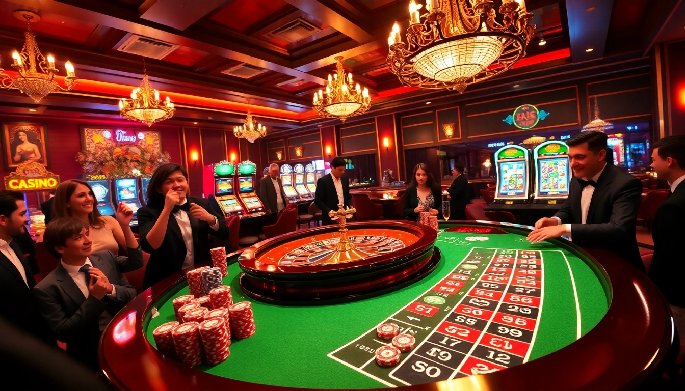 Engaging roulette table scene with glamorous players, reflecting the excitement of https://ga888.at gambling experience.