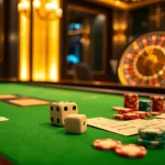 Tightly focused on the excitement of players engaging with tài xỉu md5 at a luxurious casino table, highlighting betting slips and dice.