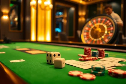 Tightly focused on the excitement of players engaging with tài xỉu md5 at a luxurious casino table, highlighting betting slips and dice.
