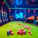 Feel the excitement at S8 as players compete at poker tables in a vibrant casino setting.