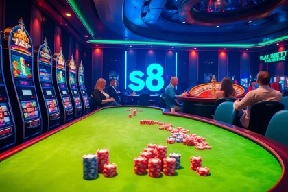 Feel the excitement at S8 as players compete at poker tables in a vibrant casino setting.