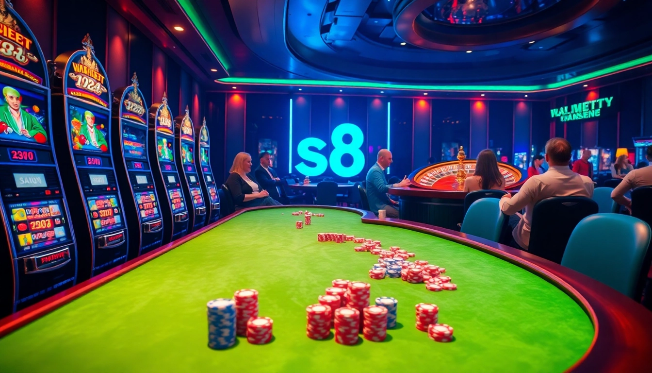 Feel the excitement at S8 as players compete at poker tables in a vibrant casino setting.