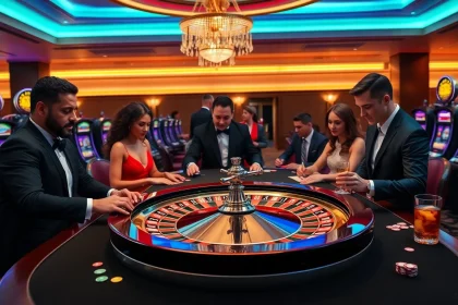 The excitement of gambling at https://topclub.space/ with players engaging at a roulette table and colorful slot machines.