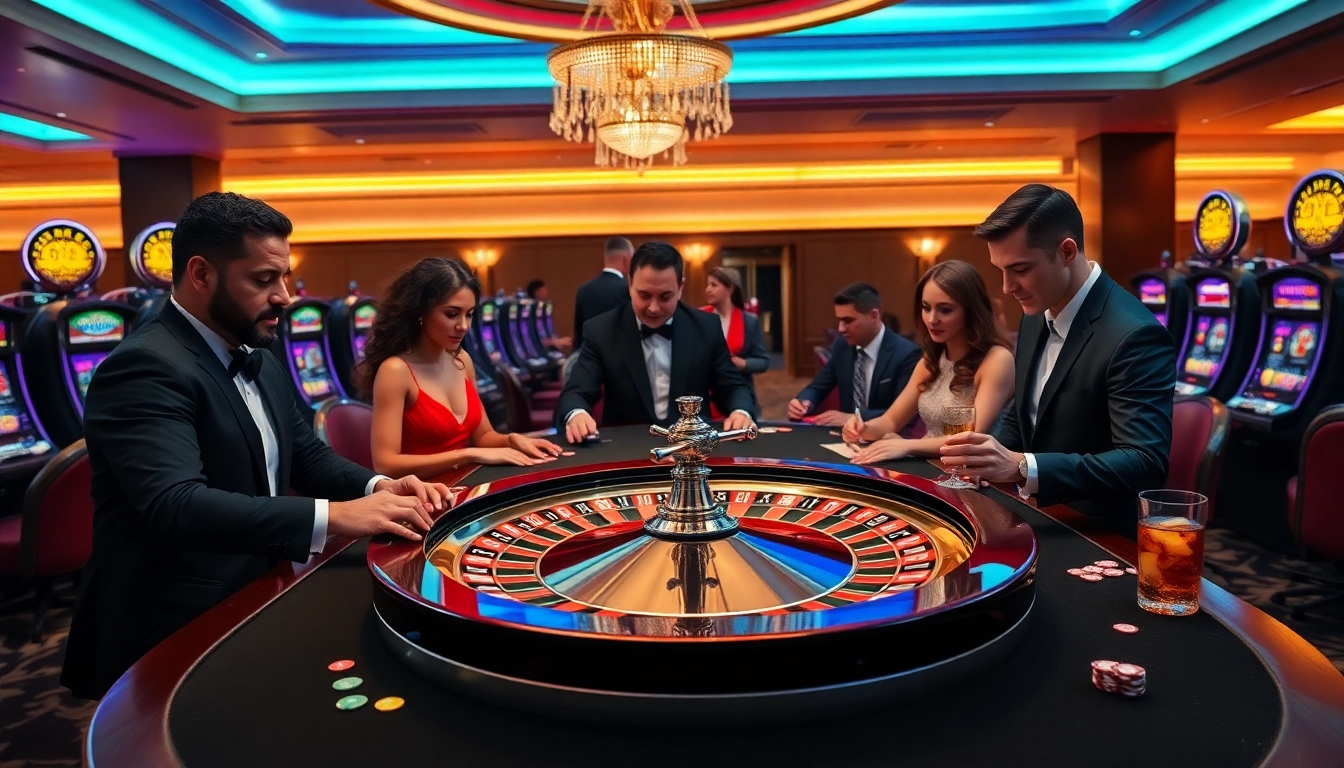The excitement of gambling at https://topclub.space/ with players engaging at a roulette table and colorful slot machines.