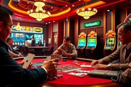 Players engaged in a thrilling luckywin poker game in a luxurious casino setting.