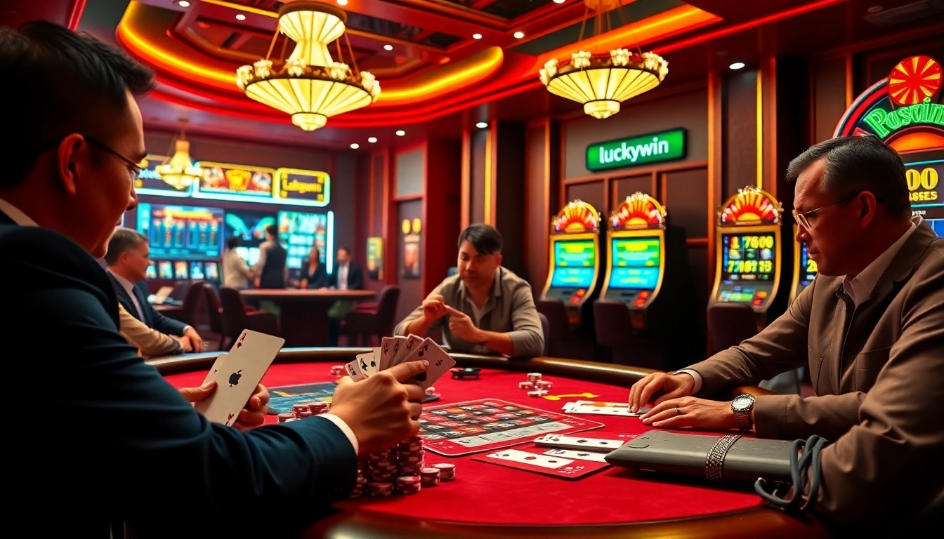 Players engaged in a thrilling luckywin poker game in a luxurious casino setting.