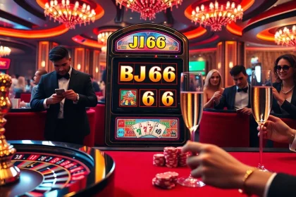 BJ66 slot machine lights up a vibrant casino scene filled with excited players and colorful chips.