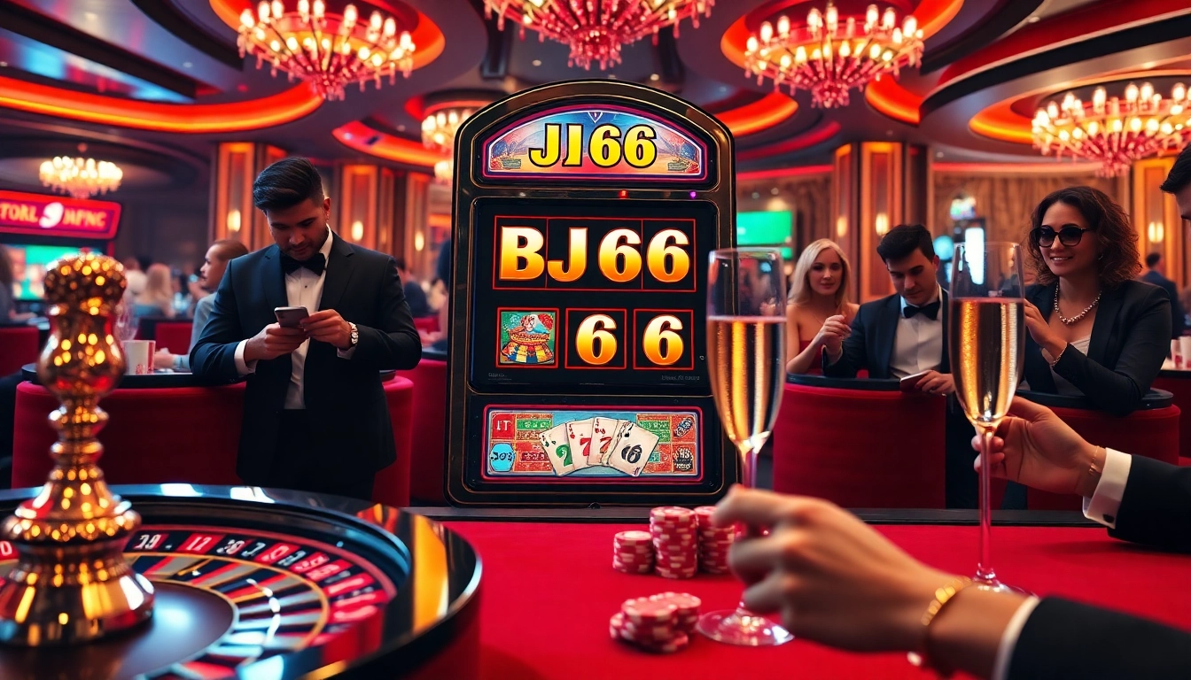 BJ66 slot machine lights up a vibrant casino scene filled with excited players and colorful chips.