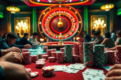 Experience thrilling gameplay at Ga888 with vibrant poker tables and roulette wheels reflecting excitement.