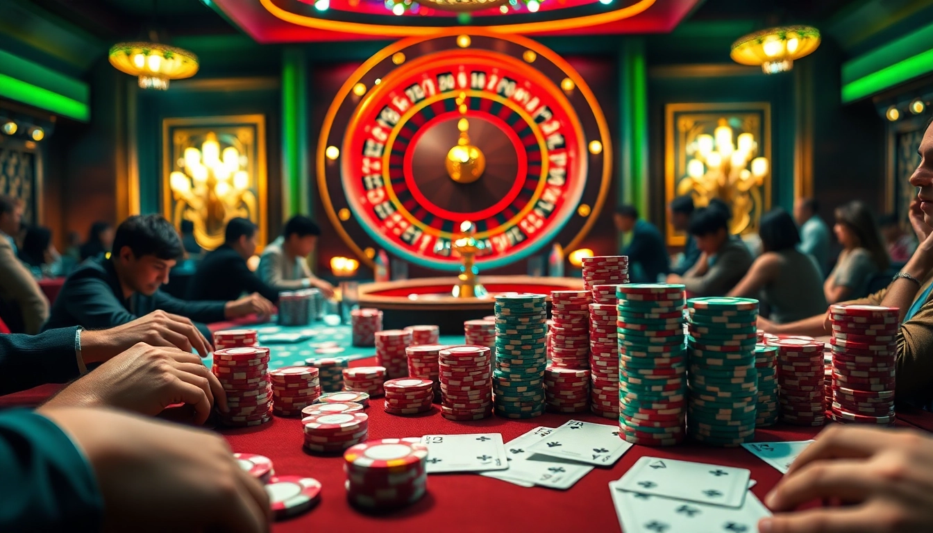 Experience thrilling gameplay at Ga888 with vibrant poker tables and roulette wheels reflecting excitement.