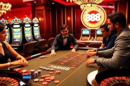 Players enjoying a thrilling game at the FM88 casino, showcasing excitement and vibrant decor.