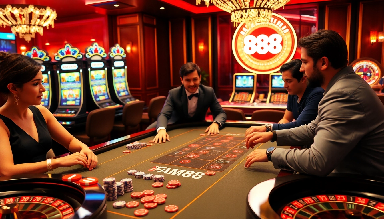Players enjoying a thrilling game at the FM88 casino, showcasing excitement and vibrant decor.