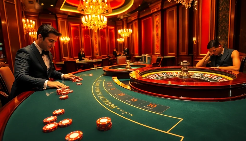 Experience thrilling gameplay at https://32wincasino.com/ with dynamic casino scenes of players at blackjack and poker tables.