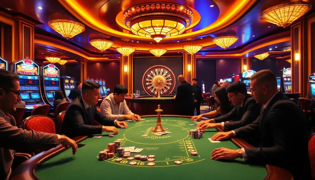 Engaging players at a luxurious i9bet poker table in a vibrant casino atmosphere