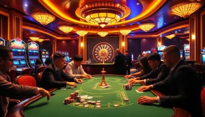 Engaging players at a luxurious i9bet poker table in a vibrant casino atmosphere