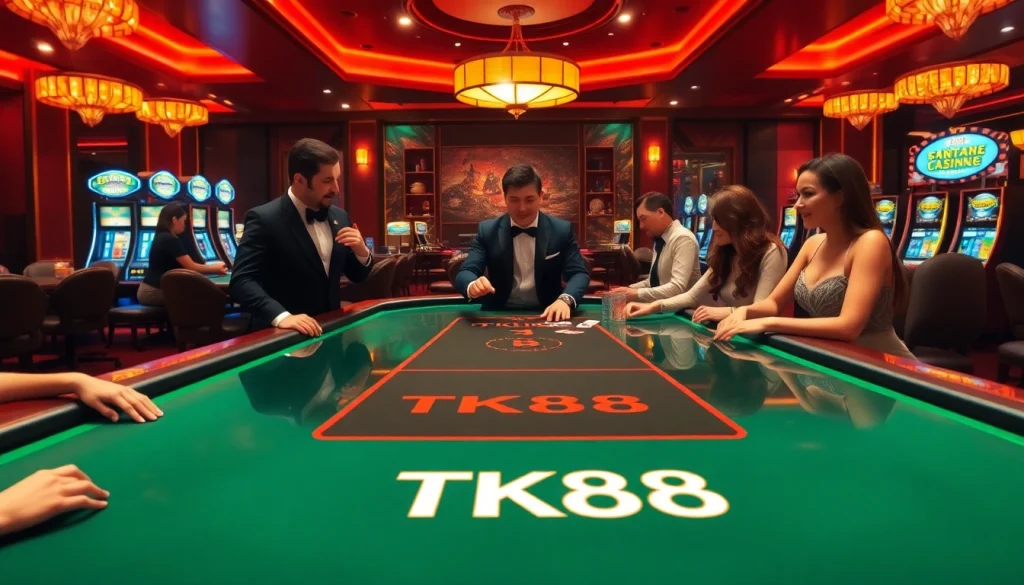 Players enjoying a thrilling game at the TK88 casino table surrounded by vibrant decor.