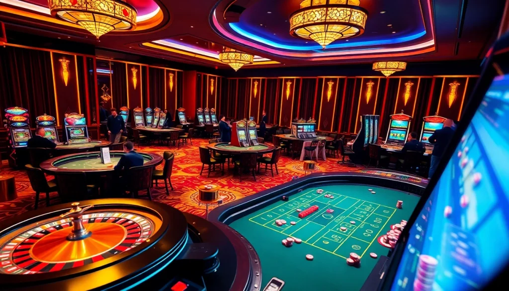 Players enjoying thrilling games at Lc88.media casino, featuring roulette tables and vibrant slot machines.