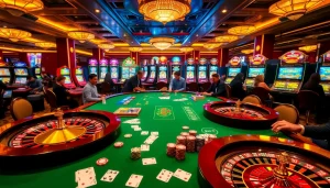 Players engaging with exciting games at 79king casino, showcasing vibrant poker chips and roulette wheels.