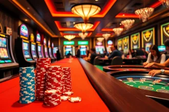 Engagement at MV888 casino with vibrant games, poker chips, and a welcoming atmosphere.