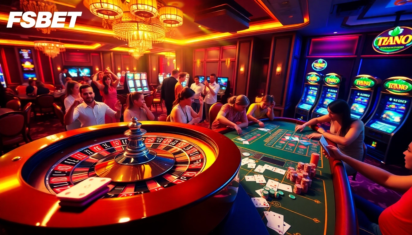 Experience high-stakes gaming action at FSBET | CỔNG CÁ CƯỢC THỂ THAO, featuring a vibrant casino scene.