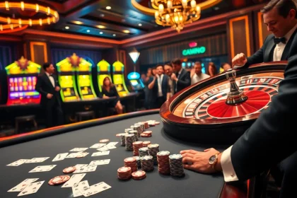 Exciting poker game action at MB66 casino with vibrant poker chips and cards.