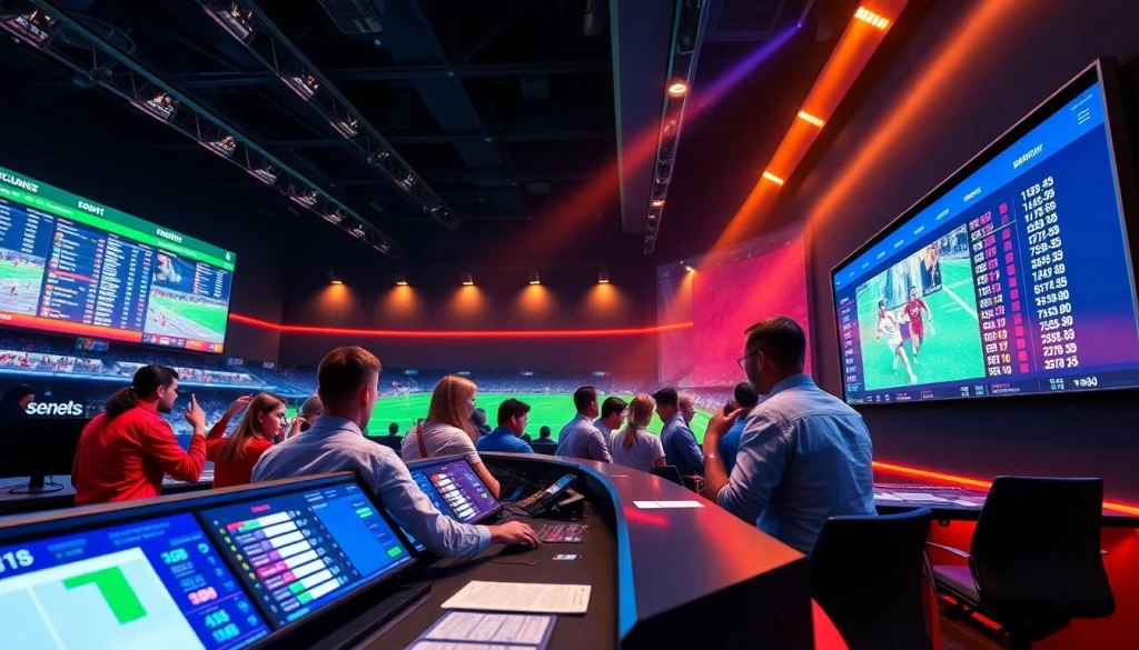 Engaging sports betting atmosphere showcasing meilleurs sites de paris sportifs with dynamic odds and bettors.