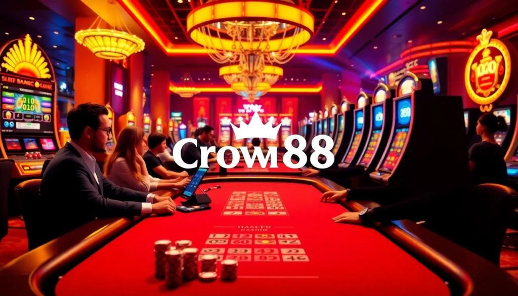 Crown88 casino experience with vibrant tables, chips, and engaged players, showcasing online gambling excitement.