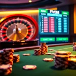 The excitement of gambling at https://five88.boston/ captured in a luxurious casino scene with poker and roulette.