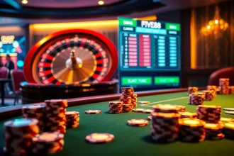 The excitement of gambling at https://five88.boston/ captured in a luxurious casino scene with poker and roulette.