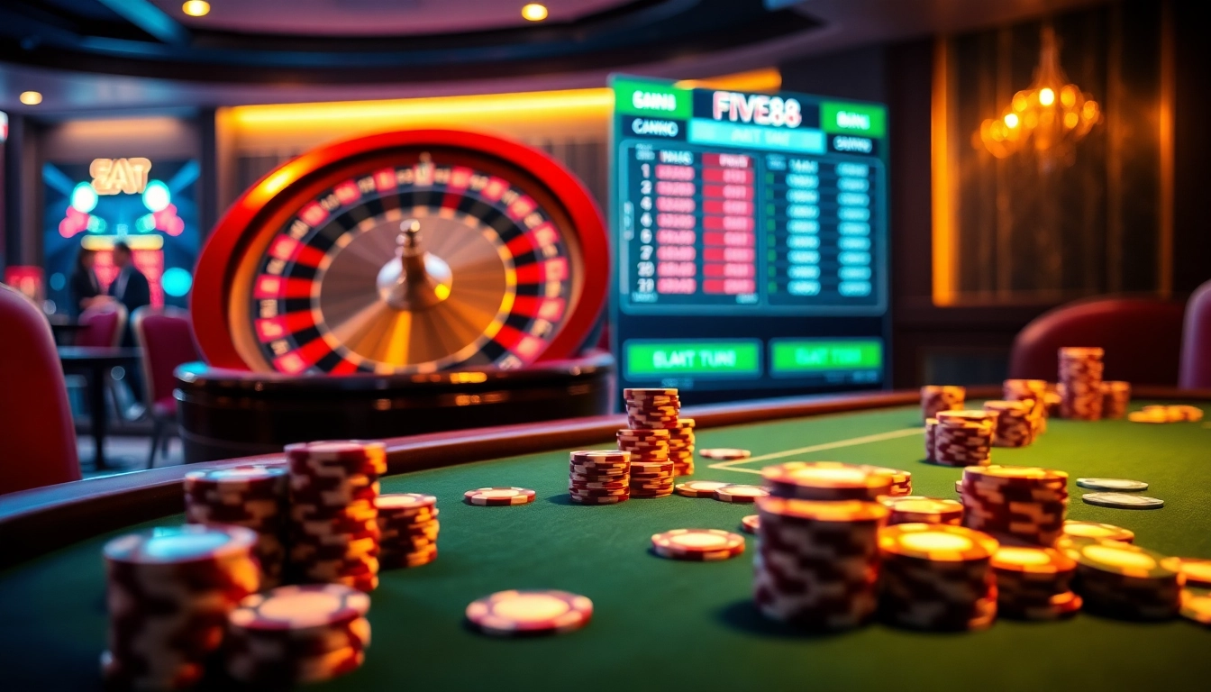 The excitement of gambling at https://five88.boston/ captured in a luxurious casino scene with poker and roulette.