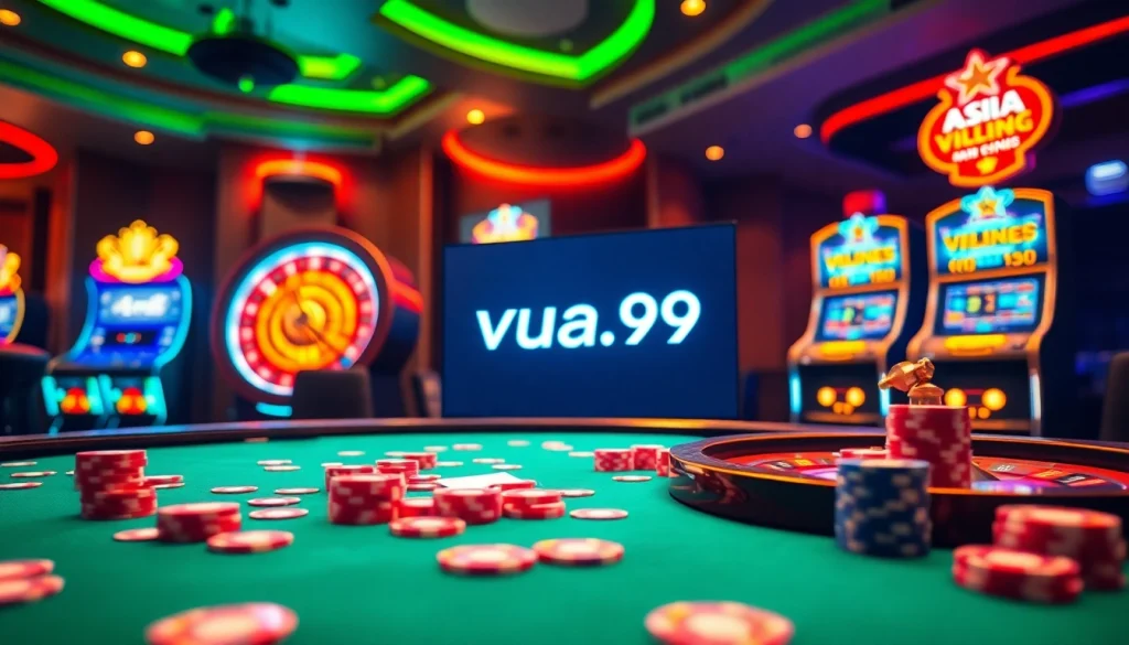 Exciting gambling action at Vua99, featuring casino tables and vibrant game highlights.