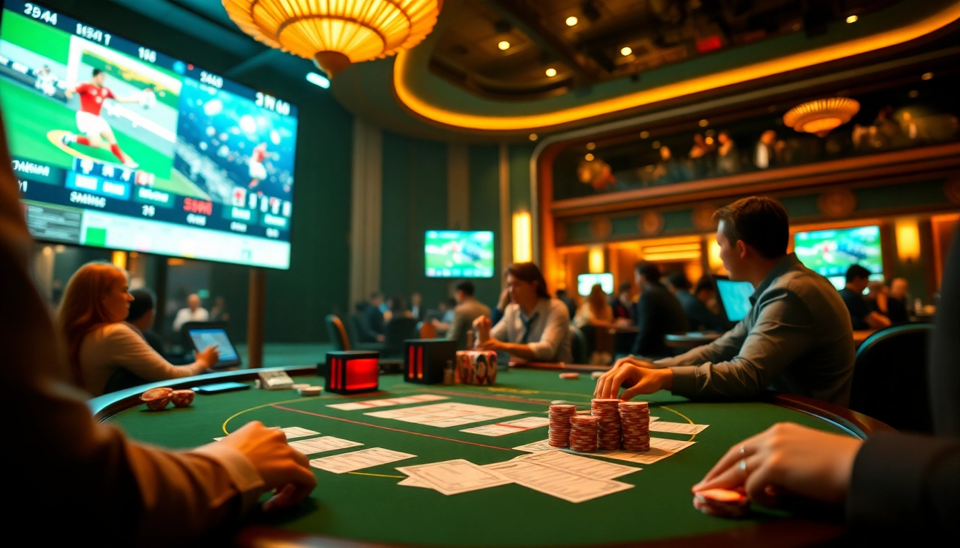 Thể Thao LC88 ignites excitement at an upscale sports betting table filled with eager bettors.