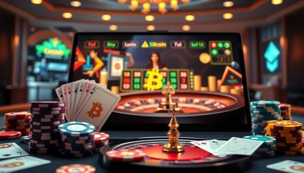 Casino crypto en ligne gaming scene with vibrant online interface and betting slips.