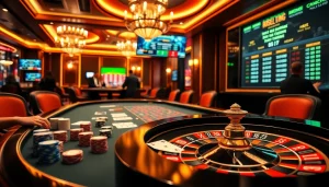 Engaging scene showcasing "Soi cầu lô kép miễn phí" predictions with casino games and luxurious ambiance.