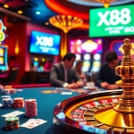 High-stakes poker game at X88 com casino with colorful chips and cards.