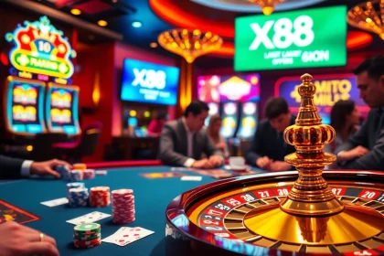 High-stakes poker game at X88 com casino with colorful chips and cards.