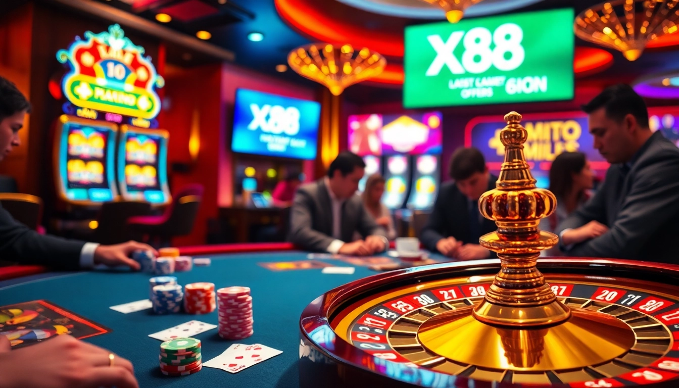 High-stakes poker game at X88 com casino with colorful chips and cards.